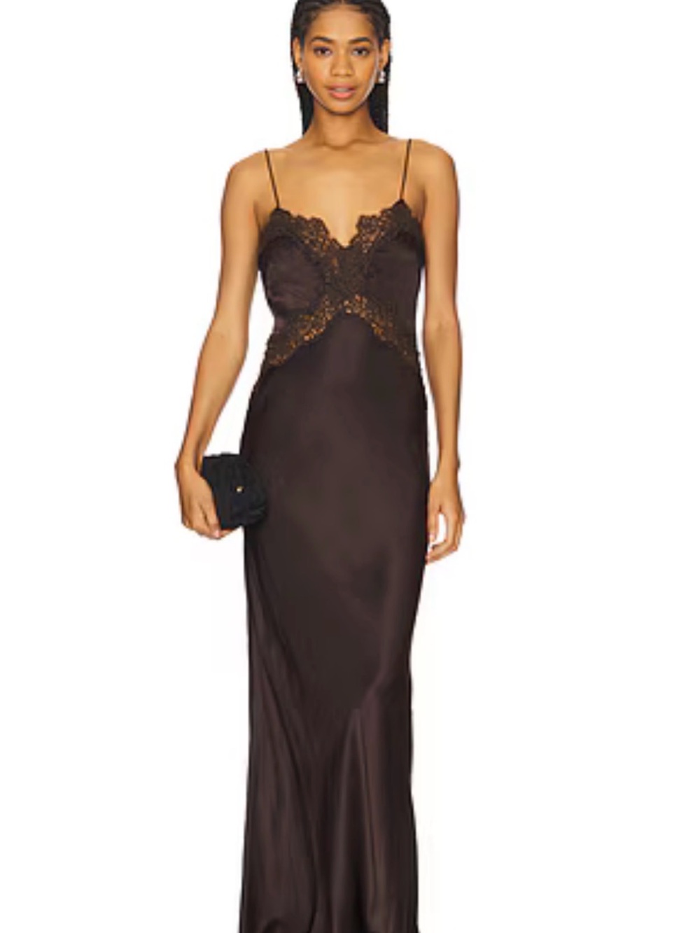 House of Harlow 1960-Satin Lace-Trim Slip Dress in Deep Brown - Picture 3 of 7
